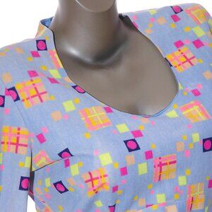 Neon Geo Art Dress Empire Waist Tie A-Line Tunic Vintage 70s Womens S/M